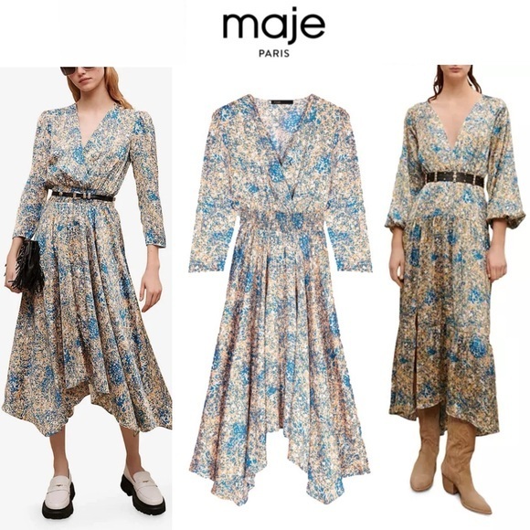 Maje Asymmetric Printed Dress FR 38 445$ NWT